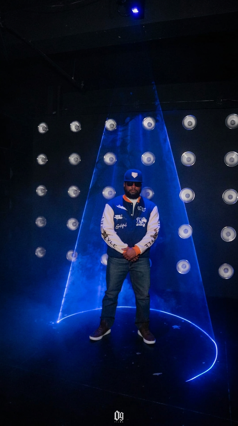 OCity HAZZ standing inside an electric-blue light installation