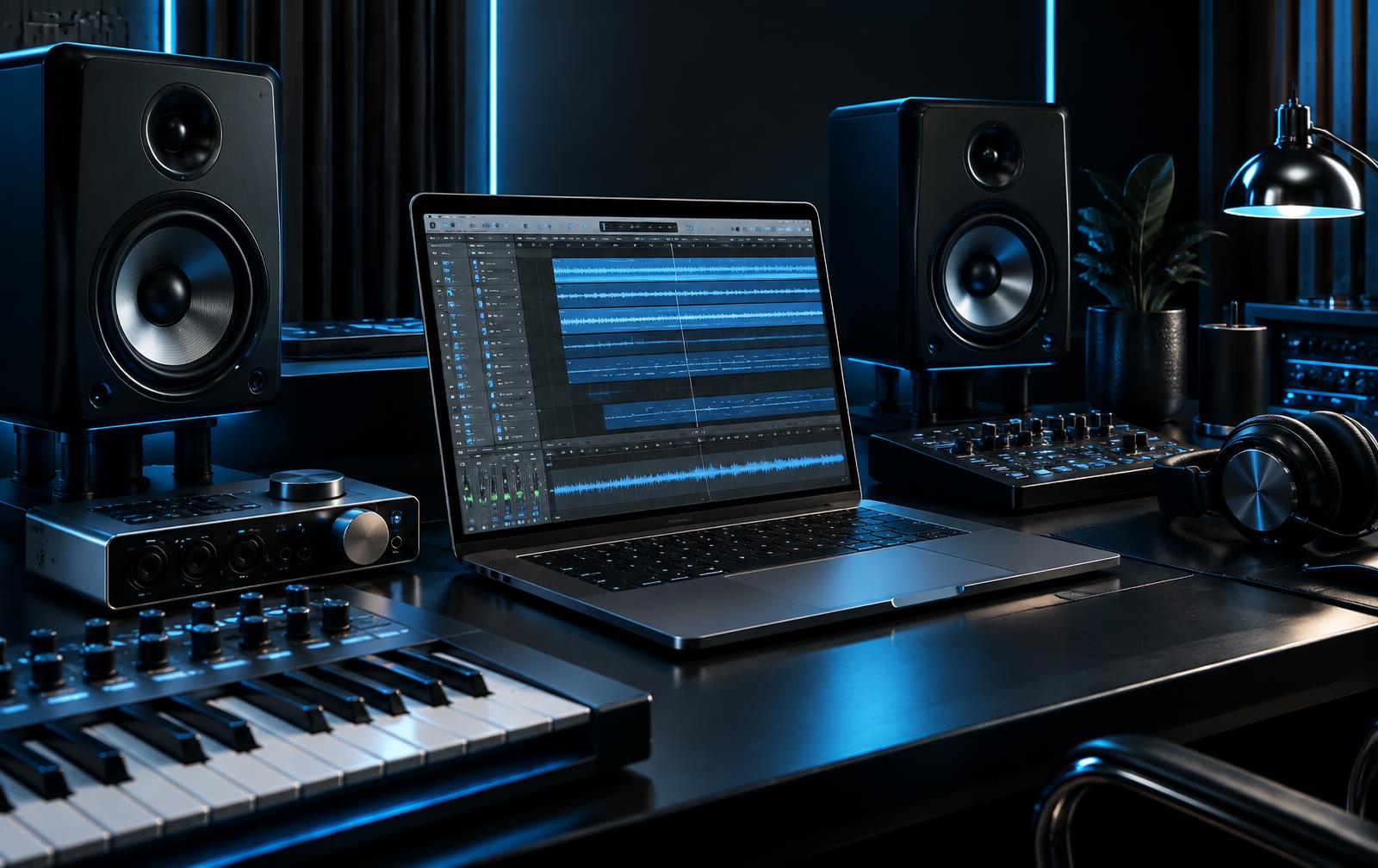 MacBook in a music production studio