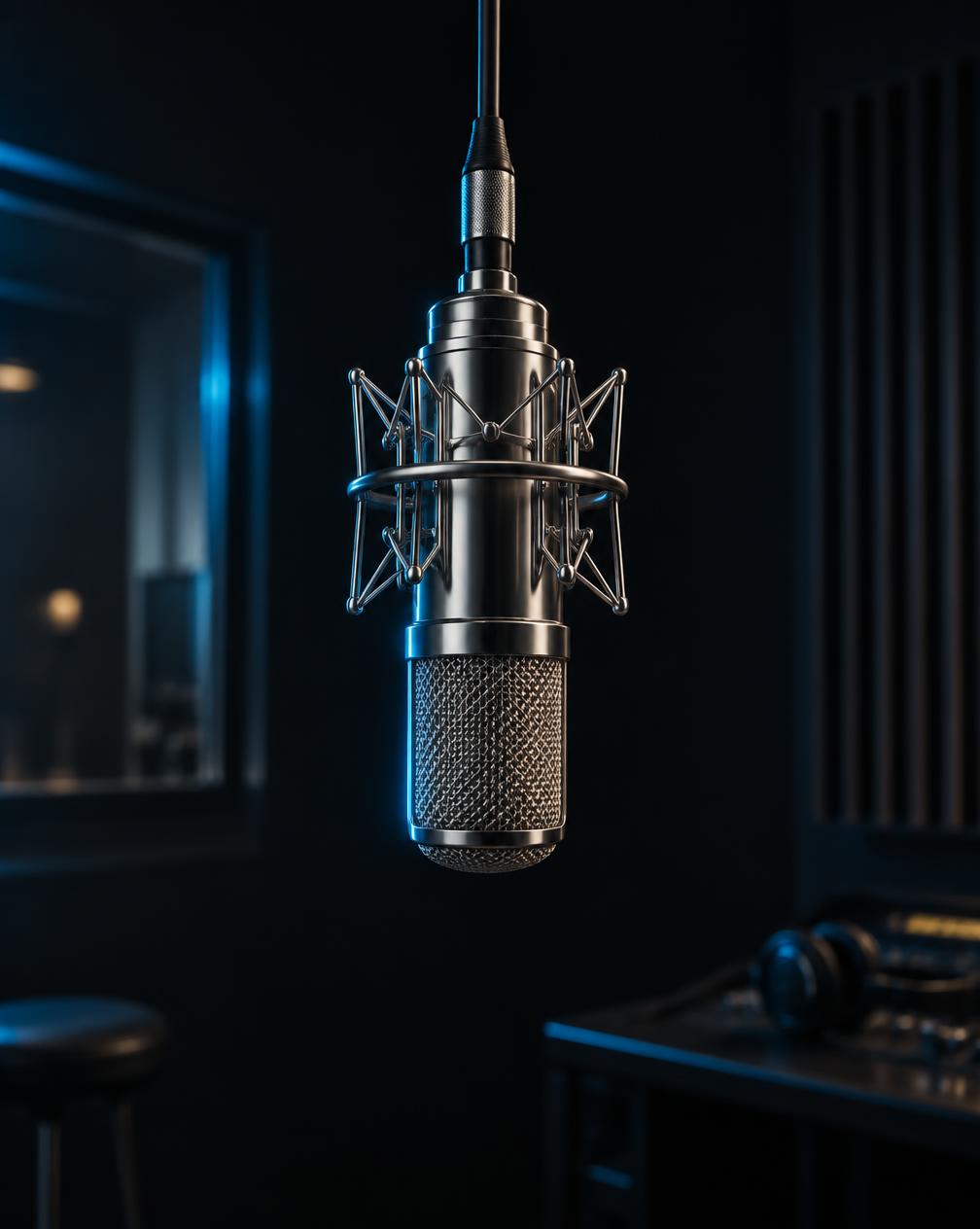 Silver studio microphone representing work and voice